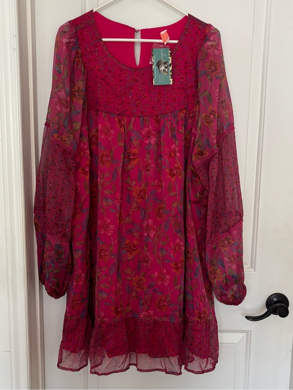 Hailey & Co long sleeve babydoll dress in hot pink chiffon 1X flowy boho floral